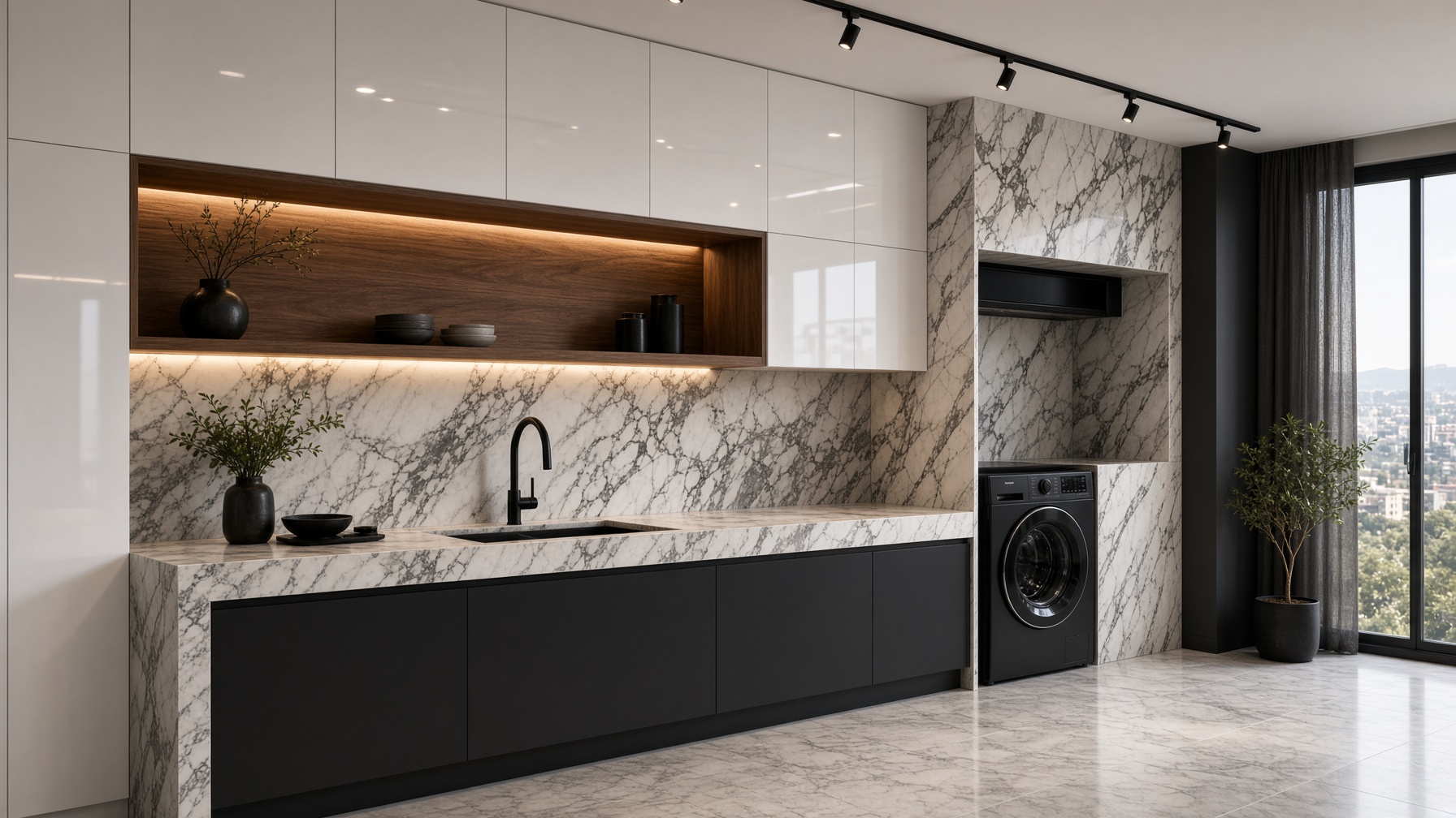 Kitchens — High-gloss runs, marble tops, integrated laundry and multifunctional sinks.