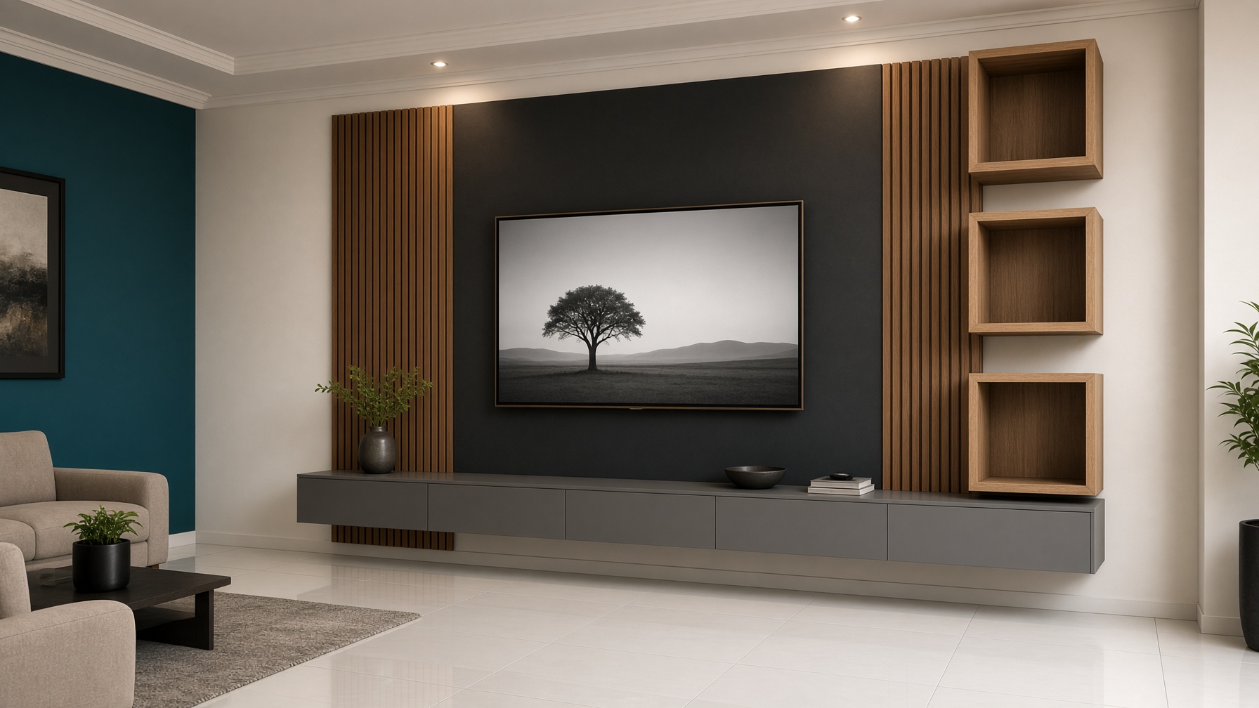 Living Walls — Floating TV consoles, walnut slats and open cubes designed as architecture.